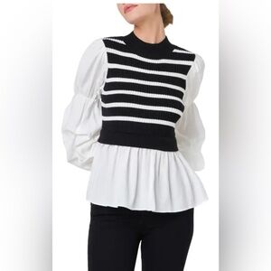 English Factory Puff Sleeve Striped Peplum Blouse Medium NWOT